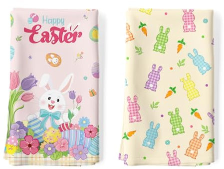 Arquiel 2er Set Geschirrtücher Ostern Hase Küchentücher Bunt Geblümt Dekorative 100% Baumwolle, 48 x 70 cm, Trockentücher Saugstarke Geschenk, Küche Dekoration