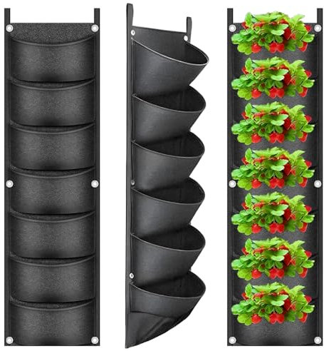 Lotvic 2 Pack Hanging Plant Grow Bags, 7 Pocket Hanging Wall Planter, Fence Wall Planters for Outdoor Plants, Vertical Hanging Planter for Vegetable Strawberry Yard Garden Home Decoration (Black)