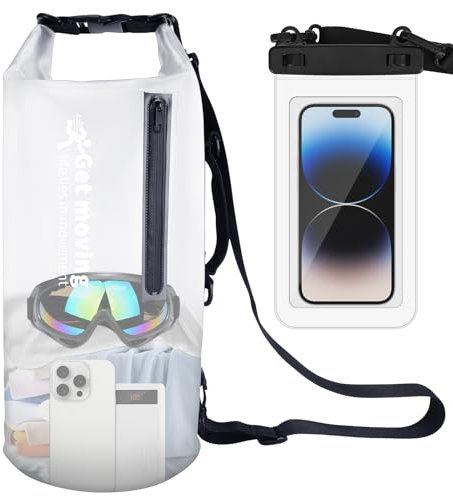 Dry Bag wasserdichte Tasche, 10L wasserdichter Beutel Rucksack, Wasserfester Packsack, mit Schultergurt und Wasserfester Handyhülle, für Kanu, Kajak, Angeln, Rafting, Schwimmen, Camping und Strand