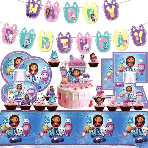 Ensemble de vaisselle d'anniversaire 66 pièces Blue GB comprenant une bannière, des assiettes en carton, des tasses, des serviettes, des nappes, pour la décoration de fête