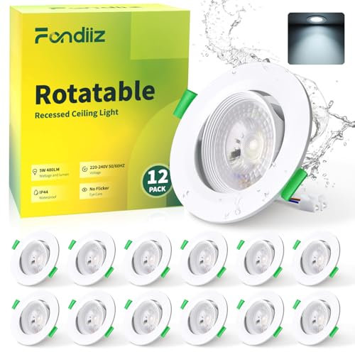 Fondiiz 12er LED Spots 230V Flach, 5W Einbaustrahler LED Schwenkbar 480LM Kaltweiß 6000K, Deckenspots IP44, Spots Deckenleuchte Weiß, Einbauleuchten 70-80mm Lochmaß für Badezimmer Wohnzimmer