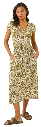 Roman Stretchy Dress for Women UK Ladies Pockets Gathered Waist Ruched Chest Midi Holiday Spring Summer V Neckline Evening Vacation Work Party Going Out Soft - Khaki Floral - Size 10