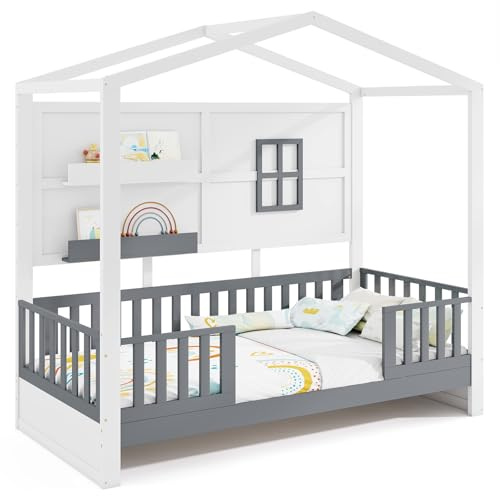 COSTWAY Cama Infantil 200 x 90cm, 2 Estantes y Barandillas, Cama Niños de Madera, Ventana y Cerca, Cama de Casa, Blanca y Gris