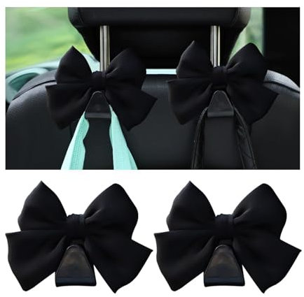 Calkkrer 2 Stück Schwarz Kopfstützen-Haken, Praktischer Doppelhaken für Taschen, Cute Bow Auto-Haken, Leder-Luggage-Hook, Aufbewahrungshaken, Innenraum-Zubehö
