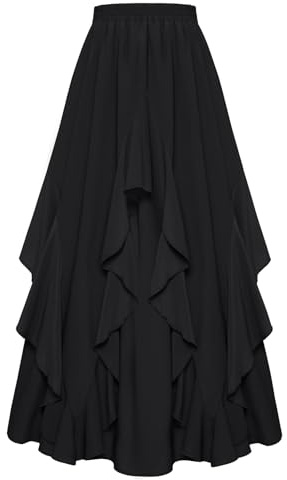 SCARLET DARKNESS Jupe Longue Femme Renaissance Médiévale, Mousseline, Taille Élastique, Ourlet à Volants Noir XXL