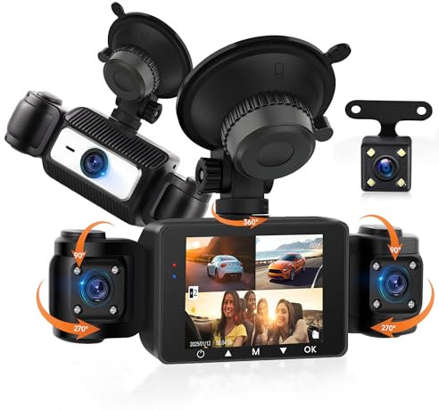 4 Kanal Dashcam Auto 360°, mit 4 x Kamera FHD 1080P Vorne und Hinten Links Rechts, 2.4 Zoll 1080P Dash Kamera Autokamera mit IR Nachtsicht/Loop Video/24H Parküberwachung/G-Sensor/Einparkhilfe
