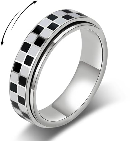 AmorArtSky Karierter Fidget-Ring für Erwachsene – 18 Karat vergoldeter Edelstahl, drehbarer Spinner-Schmuck, Angst- und Stressabbau, Geschenk für Damen/Herren (schwarz-weißes Muster), Edelstahl Aus