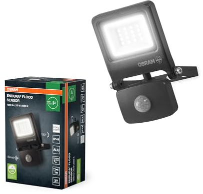 OSRAM Proyector LED ENDURA FLOOD PC 10W con sensor, 4000K, 1000 lúmenes, IP44, con detector de movimiento, alcance de 9 m, ajustable, gris