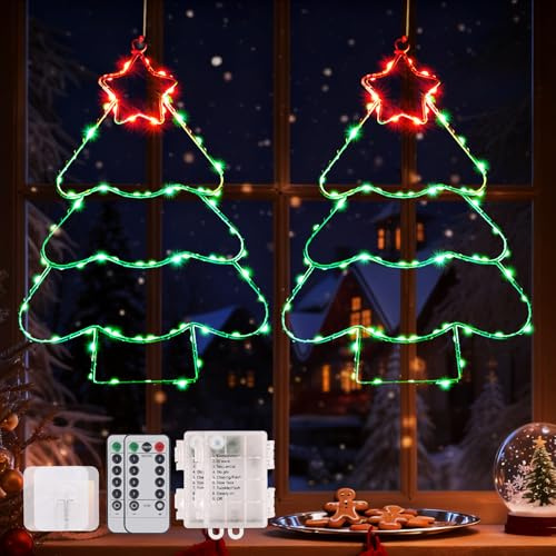 Lucalda 130 LED (2 Stück) Weihnachtsbeleuchtung Fenster, 8 Modi Rot & Grün Lichterkette Weihnachtsbaum Mit Fernbedienung & Timer, Weihnachtsdeko Fenster Mit 2 Klebehaken Für Innen