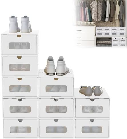 UISEBRT 10er Boxen-Set,Schuhboxen Stapelbar,Aufbewahrungsbox Schubladen mit Transparentes Sichtfenster,Schuhkarton Ordnungsboxen für Kinderzimmer,Büro,Wohnzimmer,Schlafzimmer, Weiß