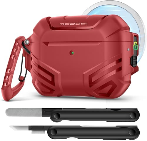 MOBOSI für AirPods Pro 3 Hülle Militärische Schutzhülle,Rot | Kompatibel mit MagSafe,Stoßfest Case mit Reinigungsset & Karabiner & Schloss für AirPods Pro 3. Generation Hülle (2025)