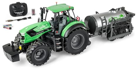 Carson 1:16 Deutz-Traktor8280TTV mit Fassanhänger 100% - RC Traktor, Ferngesteuertes Fahrzeug mit Licht und Sound, inkl. Batterien und Fernsteuerung, Ferngesteuerter Bulldog, grün
