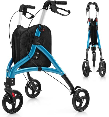 COSTWAY Rollator schmal für Wohnung, Dreirad, faltbar und leicht, Gehhilfe 6-fach höhenverstellbar, Gehwagen mit Tasche & Bremse, Aluminiumrahmen, klappbar für Senioren & Erwachsene, Blau
