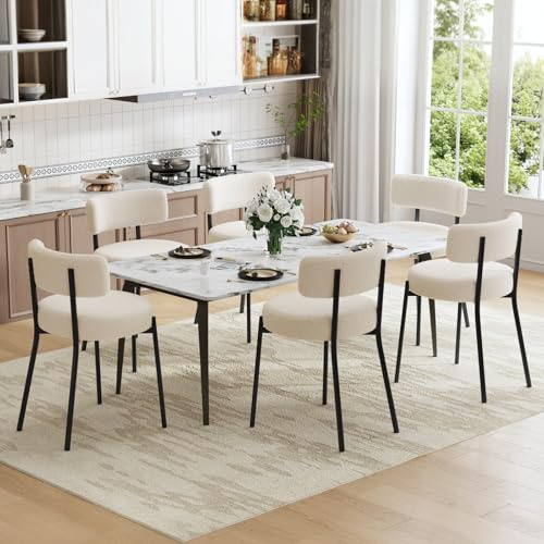 Ckaff Esszimmerstühle 6er Set, Küchenstuhl Stühle Esszimmer mit Rückenlehne und Metallbeinen, Gepolsterte Runde Boucle Stühle aus Teddy Stoff, Dining Chairs für Esszimmer Wohnzimmer Schlafzimmer, Weiß