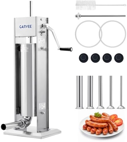 Garvee 15LB/7L Sausage Stuffer - 304 Stainless Steel Manual Sausage Maker with 2-Speed Gear & Torque Adjustment - Includes 5 Filling Tubes & Cleaning Kit for Home and Commercial Use