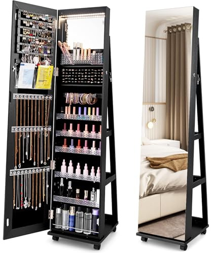 COSTWAY Schmuckschrank auf Rollen, Spiegelschrank abschließbar mit LED-Leuchten & verstellbaren Ablagen, Standspiegel Schmuckregal Ganzkörperspiegel für Schminke (40 x 38 x 163 cm,Schwarz)