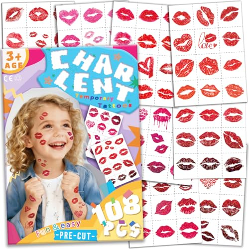 CHARLENT 108 Stück Glitzer Lippen Temporäre Tattoos, vorgestanzt, Kiss | Sexy Kussmund Tattoos für Valentinstag, Junggesellinnenabschiede, Festivals und besondere Looks im Alltag