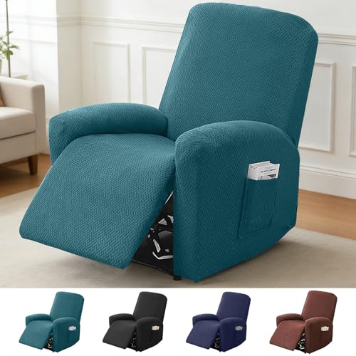 Funda Sillon Relax Reclinable 1 Plaza, 4 Piezas Funda Butaca Elástica Antideslizante con Bolsillos Laterales y Protectores para Reposabrazos, Funda Protectora para Sofá de Televisión (Verde Oscuro)