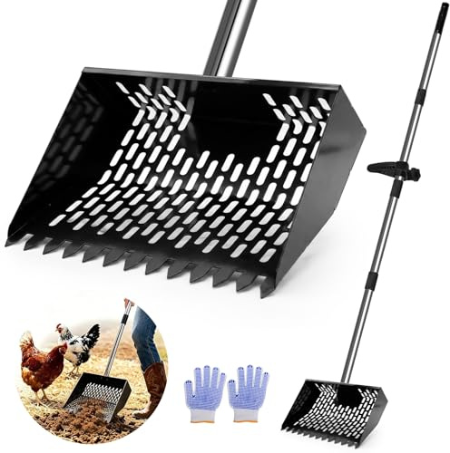 Cycayit Chicken Coop Cleaning Tool with 156cm Long Handle, Metal Sifting Manure Scoop for Poultry, Slotted Chicken Run Cleaner with Gloves for Hen House, Farm, Garden and Bedding Waste