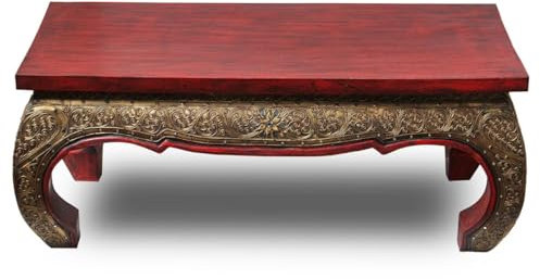 Oriental Galerie Wohnzimmertisch Couchtisch Opiumtisch Spiegelstein Verzierung Shabby Antik Look Vintage Retro Used 1m x 50cm Holz Gold Antik Asien Thailand, Farbe:Rot Gold