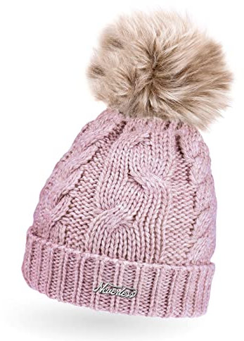 Neverless® gefütterte Damen Strickmütze mit Fell-Bommel und Fleece Futter, Winter-Mütze, Bommelmütze rosa Unisize