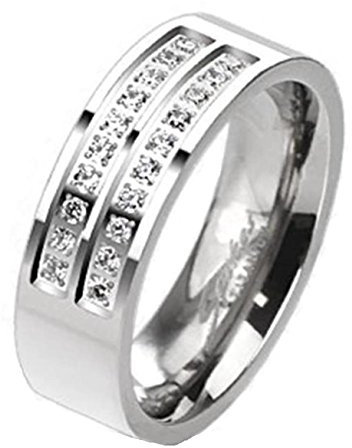 beyoutifulthings funkelnder Zwei ZIRKONIA-Reihen Clear Band-Ring Finger-Ring Titan Verlobungs-Ring Partner-Ring Trau-Ring Silber 66(21.0)