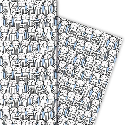 Kartenkaufrausch Lustiges Oster Geschenkpapier Set 4 Bogen, die Hasenversammlung , hellblau, für tolle Geschenk Verpackung 32 x 48cm, zu Ostern Weihnachten Geburtstag, universal Geschenkpapier