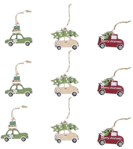 Amosfun 9 Stücke Christbaumschmuck Anhänger Holz Geschenkanhänger Tags Auto und Rentier Holzscheiben mit Loch Baumschmuck Christbaumanhänger Weihnachten Holzanhänger Weihnachtsbaum Deko