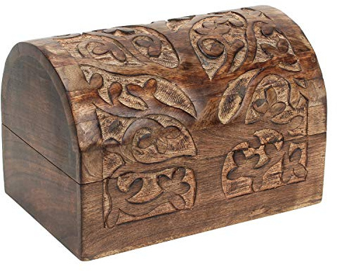 Ajuny Handgefertigte Dekorative Schmuckschatulle Wunderschönes Baum des Lebens Design Schnitzerei Schatzkiste aus Holz Aufbewahrungs Organisator Andenkenhalter Uhrenbox ideal Geschenke, 9x6 Zoll