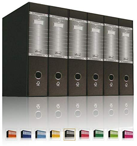 LogicaShop UBOX 6 Raccoglitori ad Anelli A4 Dorso 8 con Custodia Cartone, Formato Protocollo, Registratore con Meccanismo a Leva D, Raccoglitore con Scatola, Faldone Universale (Nero)