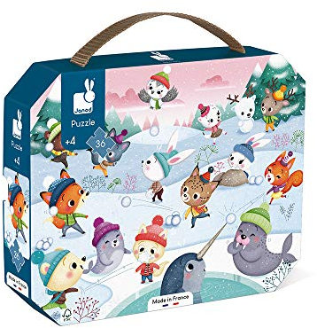 Janod - Puzzle für Kinder Schneeballschlacht, 36 Teile - Lernspiel - Feinmotorik und Konzentration - Koffer mit Griff - hergestellt in Frankreich - FSC-zertifiziert - Ab 4 Jahren, J02647