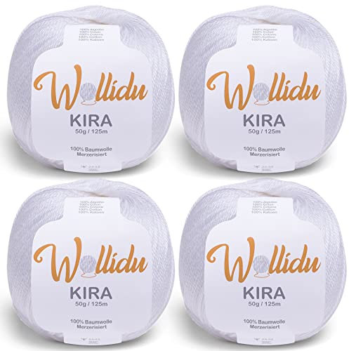 Wollidu Kira - Lot de 4 x 50 g pelotes de fil à tricoter 100 % coton - Pour tricot et crochet - Blanc