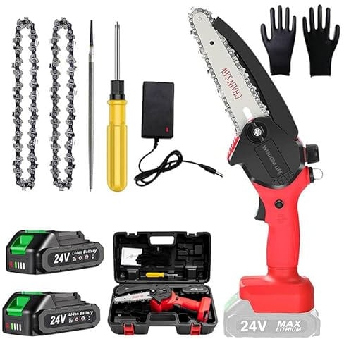 Mini-Kettensäge mit Akku, 15,2 cm (6 Zoll), elektrische Kettensäge, kabellos, mit Schmiermittel-Injektor und 2 3,0 Ah-Batterien, Einhand-Kettensäge für Holzschneiden, Beschneidung, Hof, Garten, Rot