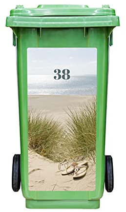 Sticker Poubelle Extérieure Plage - Personnalisable Avec le Numéro de Maison - Autocollant Décoration Face Avant Poubelles Extérieures - Format : 37,7 x 84 cm