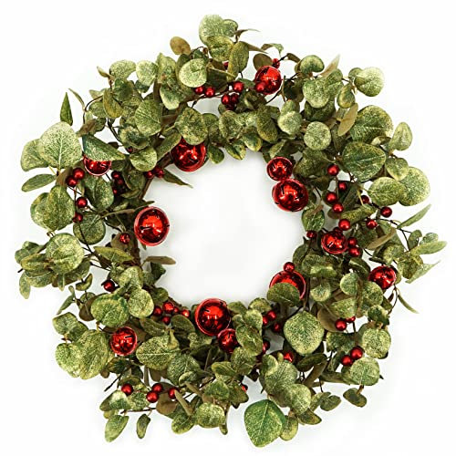 WreathDream Künstlicher Weihnachtskranz mit Eukalyptusblättern, rote Beeren, rote Glocken für Haustür, Bauernhaus, Innen- und Außenbereich, Festival, Heimdekoration