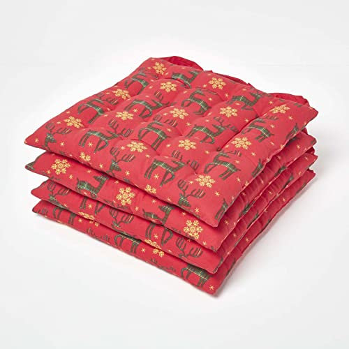 HOMESCAPES Lot de 4 Galettes de Chaise Noël Rennes Rouge en Coton, Décoration de Table de Noël