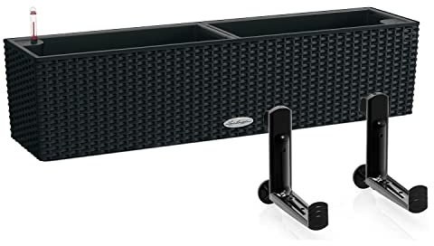LECHUZA Balconera Cottage 80 Jardinière en polyrésine avec système d'arrosage automatique Noir graphite 19 x 80 x 19 cm + supports de balcon Noir