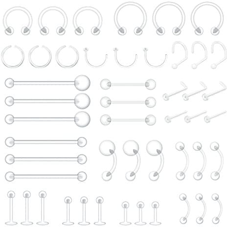 MixPiercing 48 Stück Klare Piercing Retainer aus Kunststoff für Nase Zunge Brustwarze Nippel Bauch Lippen Labret Septum Hoops Ohr Knorpel, Plastik Piercing Platzhalter Schmuck für OP