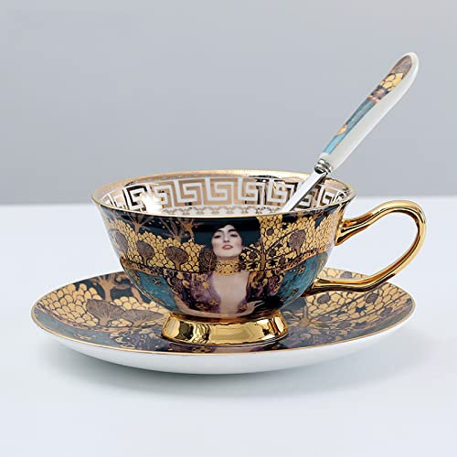 DECRZPB Keramik-Kaffeetasse und Untertassen-Set Gustav Klimt Judith Keramik-Kaffeetasse und Untertassen-Set Milchsaftbecher Teller Geburtstagsgeschenk für Büro und Zuhause