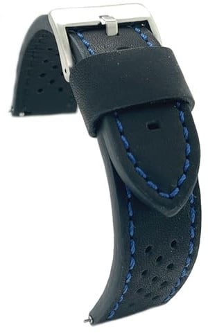 Uhrenarmband Leder perforiert Rally Racing. Armband mit löchern Diloy 398 | Rindslederarmband im Vintage-Stil 4 mm mit roten, blauen oder weißen Nähten. Schnellwechsel oder Werkzeug, Stahlschließe.