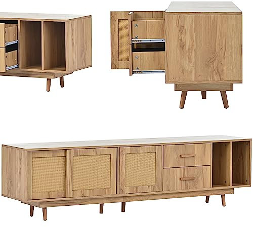 kubeier TV Lowboard Vintage, TV Schrank Holz 190 cm mit 2 Offene Fächer, Rattan-TV-Ständer für 80-Zoll-Fernseher, Rustikaler Design Fernsehtisch für Wohnzimmer Schlafzimmer