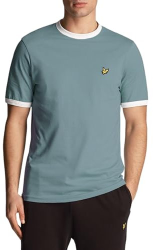 Lyle & Scott Ringer T-Shirt Herren Rundhals - T-Shirt mit farbigen Hals- und Ärmelbündchen - Shirt Herren Kurzarm mit Logo auf der Brust - T Shirt Männer aus Baumwolle - Weiß/Blau - XXL