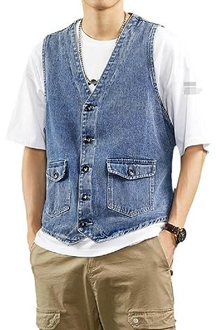 COSKTIARL Jeansweste Jacke – Sommer-Jeansweste Für Herren, Lässig, Locker, Gewaschen, Alt, Ärmellos, Modisch, Einfarbig, Kragenlos, Jeansjacke, Wie Abgebildet, L