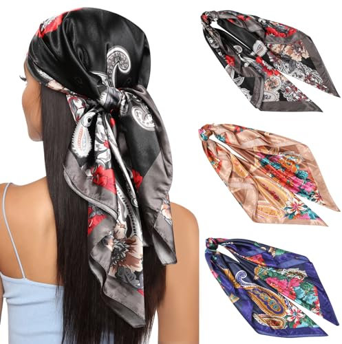 Kajeer 3 Stück Kopftuch Bandana Halstuch für Damen - 90x90cm Große Satin Seidentuch Weiches Satinschal Haarschal für Frauen