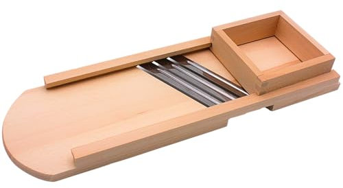 Dekohelden24 Holzbrett - Gurkenhobel - Krauthobel mit integriertem Schneider und beweglichem Schlitten in Natur, Maße L/B/H 56 x 18 x 6 cm
