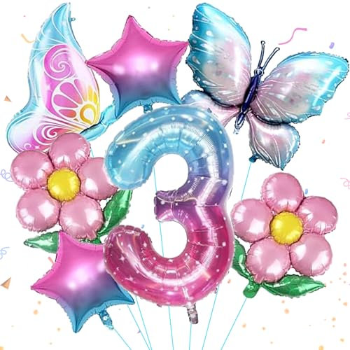 7Pcs schmetterling ballon,schmetterling deko geburtstag 3,geburtstag deko 3 jahre mädchen,geeignet für Mädchen-Geburtstagsparty-Dekoration, Themenparty Dekoration