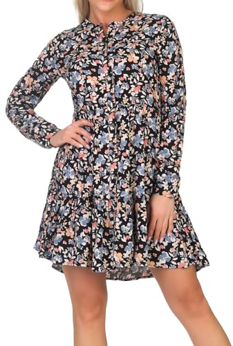 Hailys Damen Viskose Langarm-Kleid La44ura Minikleid mit Blumenprint SN-PO2301016 Black Flower S