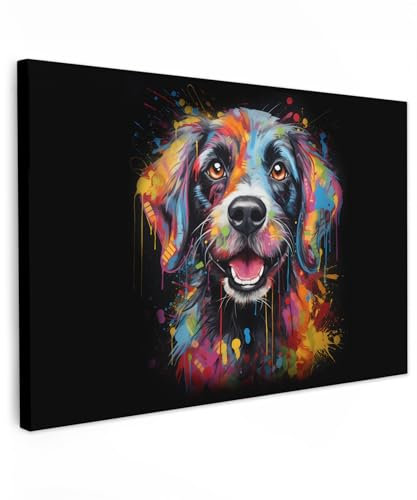 MuchoWow© Impressions sur Toile 120x80 cm Deco Tableau Murale Decoration Salon Peinture Tableaux Chambre Toiles Maison Graffiti - Chien - Noir - Couleurs - Banksy