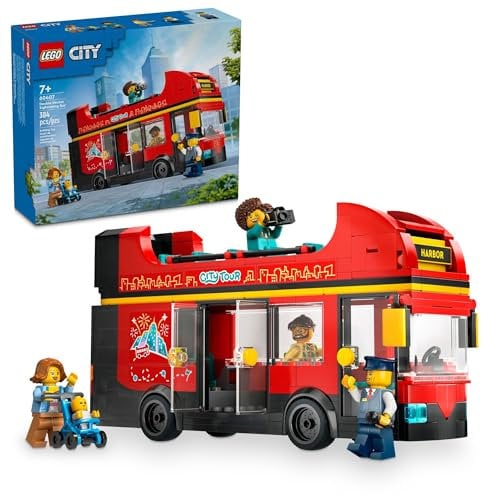 LEGO City Red Double Decker Sightseeing Bus Spielzeug Fahrzeug Set, Geburtstagsgeschenk für 7 Jährige London Bus für Kinder Doppeldecker Bus Spielzeug, 5 Charaktere inklusive Baby und Kinderwagen