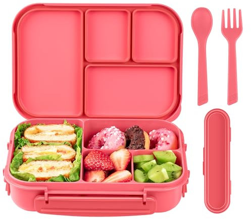 Amathley Brotdose Kinder Mit FäChern,Bento Box Kinder,Brotdose Erwachsene,1200ml Lunchbox Mit 4 FäChern Und Besteck,Mikrowellen Und SpüLmaschinenfest,BPA-Frei Und Wiederverwendbar (Rosa Beere)
